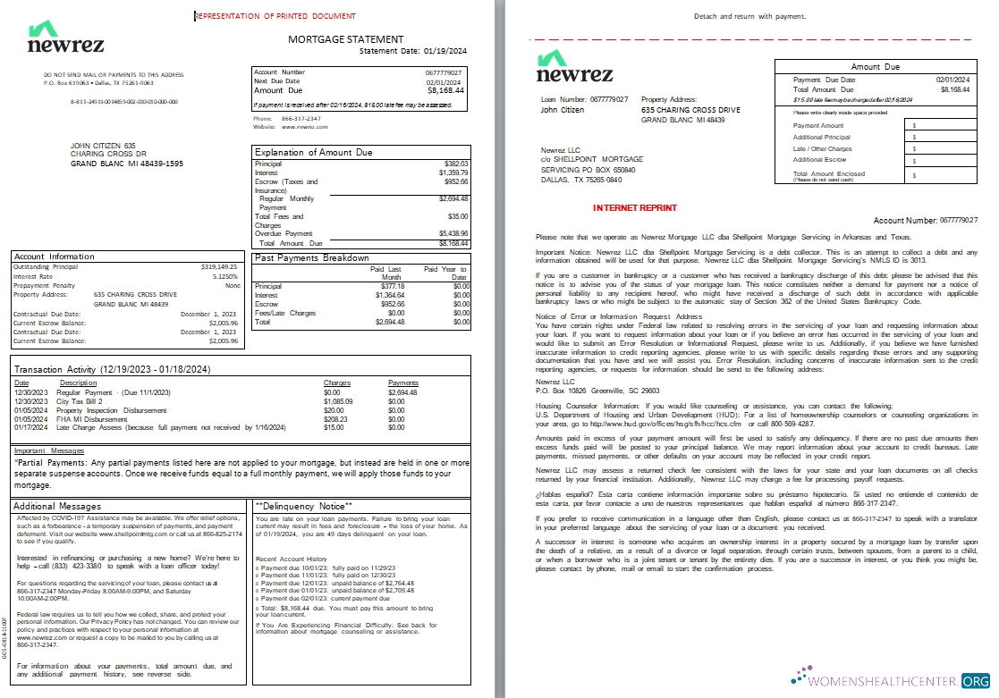 Download USA Texas Newrez mortgage statement, 3 pages 1 2 scr Photoshop template